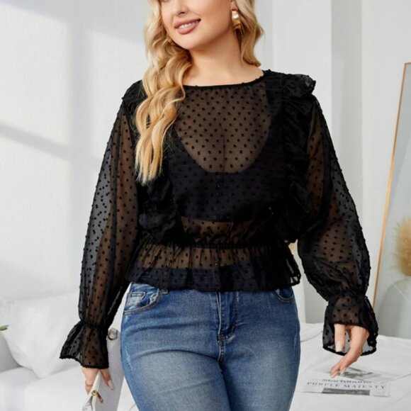Black Sheer Swiss Dot Ruffle Trim Flounce Sleeve Top - Picture 4 of 13